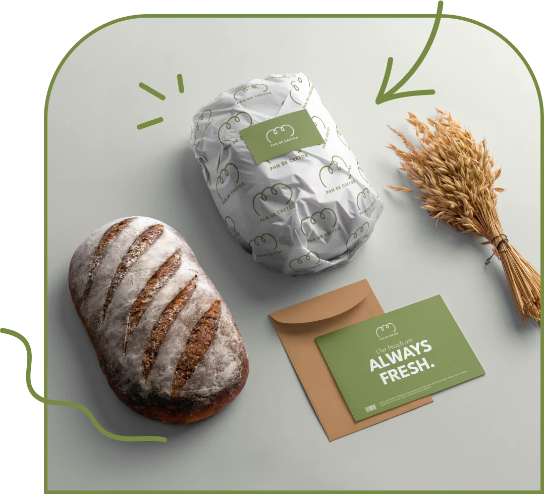a loaf of bread, a loaf of bread with white brand packaging, a bundle of wheat and green card that says ALWAYS FRESH on top of a brown envelope. There are squigly hand drawings around the photo.